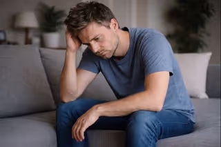 Adult leaning forward and appearing distressed during an intense episode
