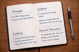 Notebook showing a structured cognitive reframing exercise