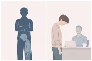Side-by-side illustration showing a child apologizing to an angry caregiver and the same person as an adult repeating the pattern at work