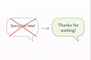 Two speech bubbles comparing over-apologizing