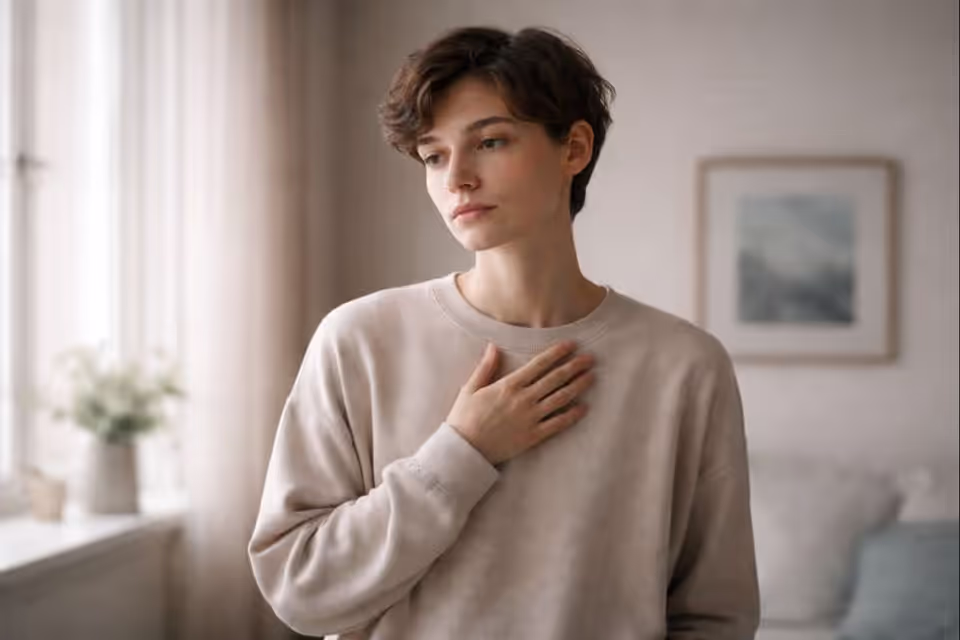 A thoughtful person standing in a calm room with a hand on their chest, reflecting on their habit of over-apologizing