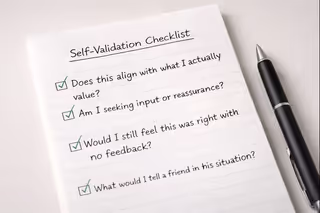 Self-validation checklist with reflective questions and checkmarks