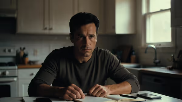 Adult man sitting alone at a kitchen table with a notebook and phone, reflecting on rebuilding trust after relationship damage.